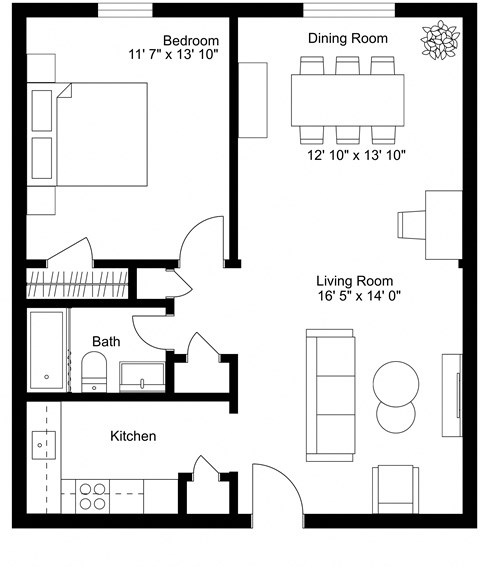 Floor plan for 1 bed, 1 bath, 900 sqft